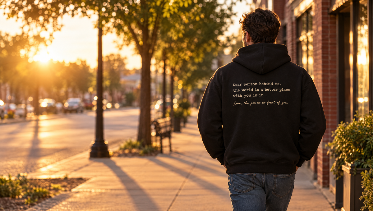 Man walking at golden hour wearing the black message hoodie