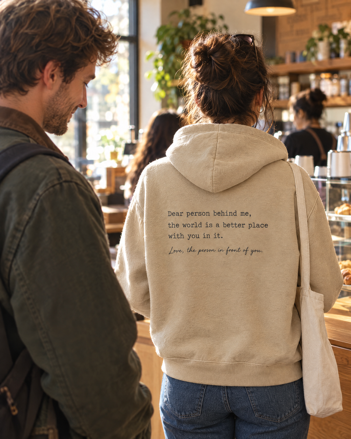 Person behind her in a coffee line reads the message on her hoodie